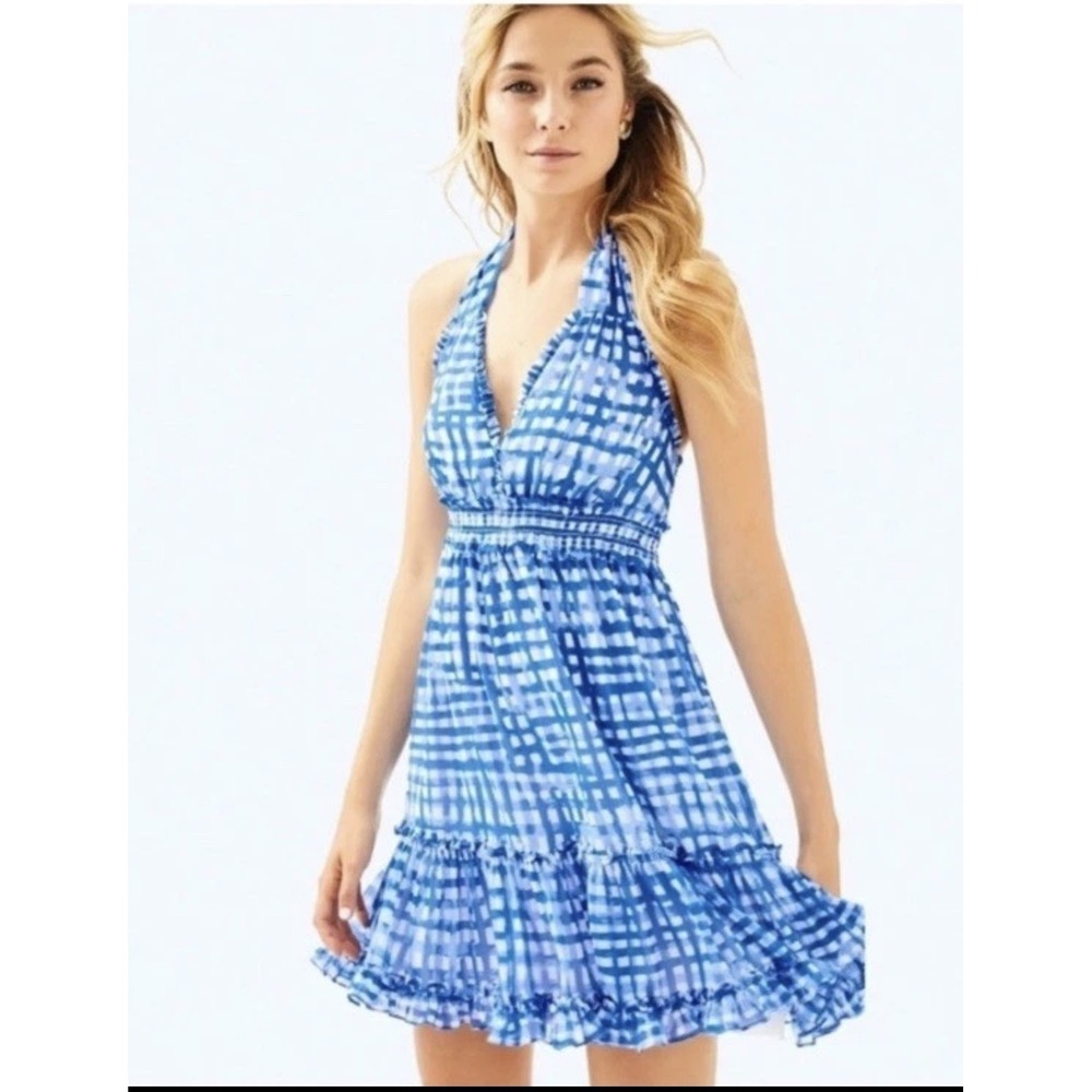 💙Lilly Pulitzer Blue & White Checkered Cailee Halter Feeling Beachy Dress L 💙